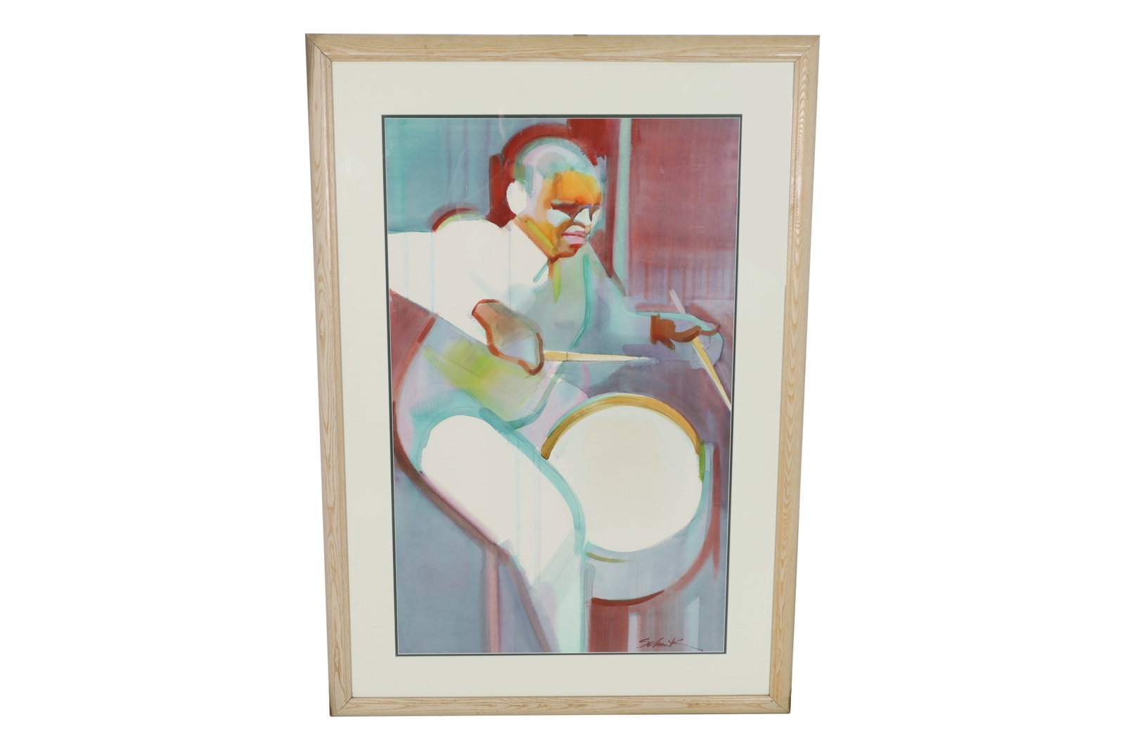 Christopher Schink Watercolor Drummer: A large signed Christopher Schink watercolor titled "Old Bourbon St. Drummer". This large scale watercolor is framed in a natural wood frame with white mat Dimensions: H:47" W:33" D:1"