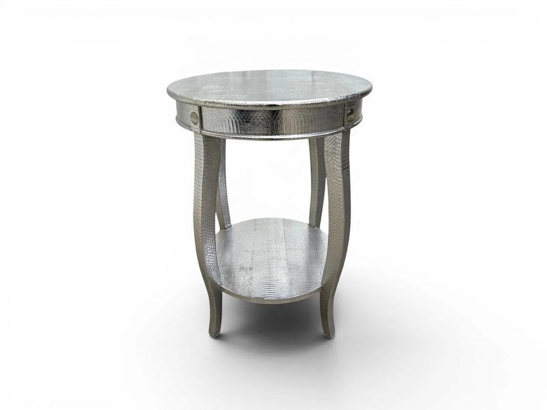 Karl Springer Style Cobra Skin Table With Sterling: Karl Springer style silver tone snakeskin table, with hallmarked sterling silver mounts. Dimensions: H: 24.5" W: 18" D: 18"