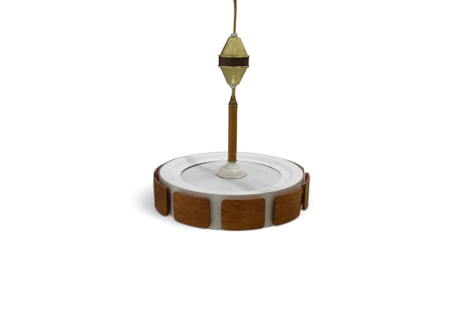 Mid-Century Modern Hanging Fixture: Mid-century modern hanging pendant light. Metal and wood, with glass shade. Dimensions from ceiling cap as photographed: H: 24.5" W: 19" D: 19"
