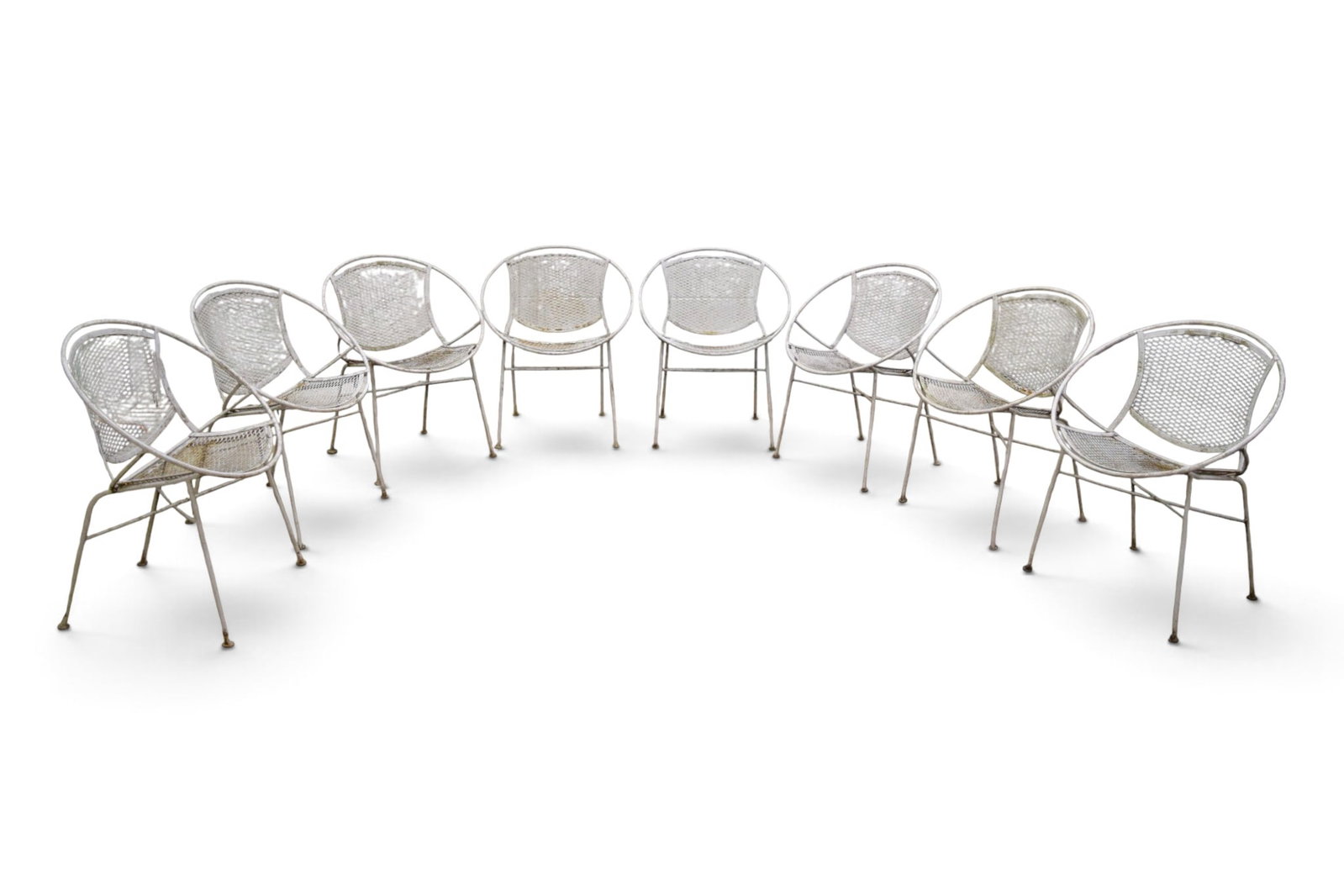 8 Maurizio Tempestini for Salterini Radar Chairs: Maurizio Tempestini for Salterini, set of 8 Radar hoop wrought iron chairs. Unsigned. Dimensions: H: 30.5" W: 25" D: 19"