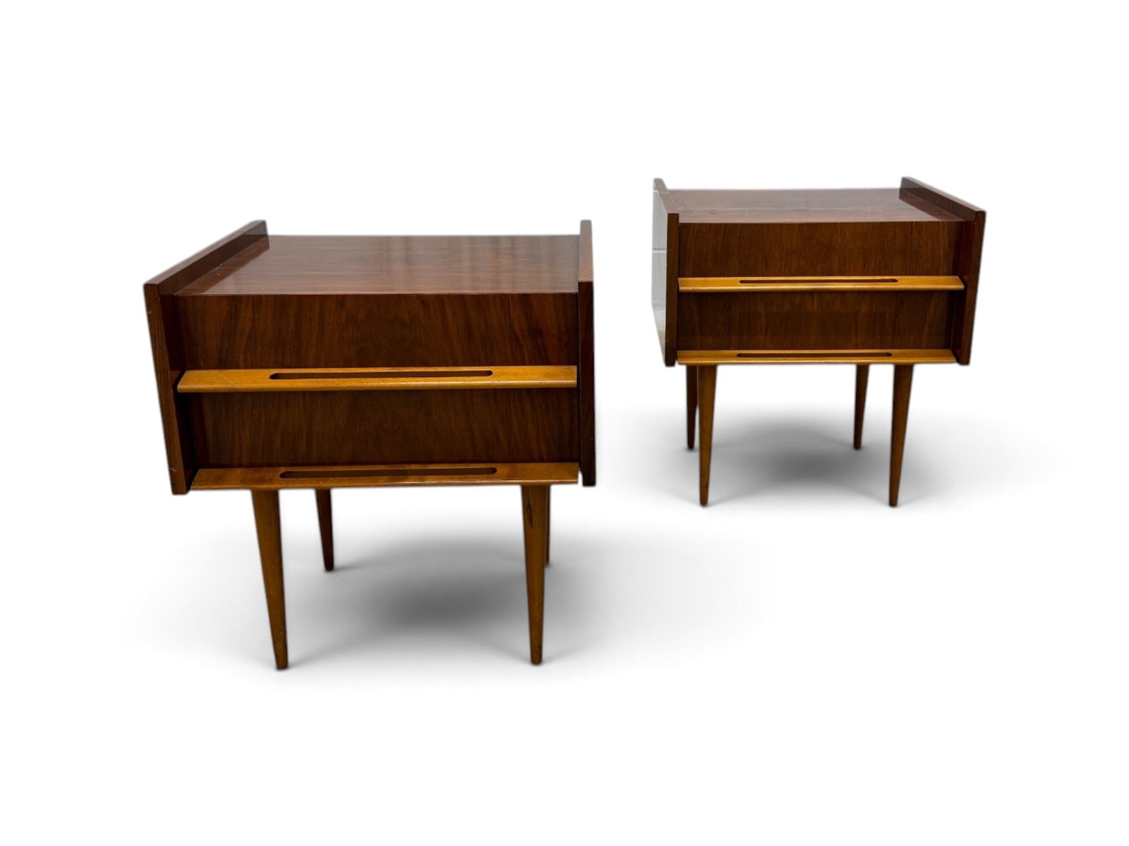 Pair Edmond Spence Coronation Nightstands: A Pair of Mid-Century Modern nightstands from Edmond Spence's Coronation Collection for the Walpole Furniture Company. Marked Made in Sweden. Dimensions: H: 24" W: 22" D:18"