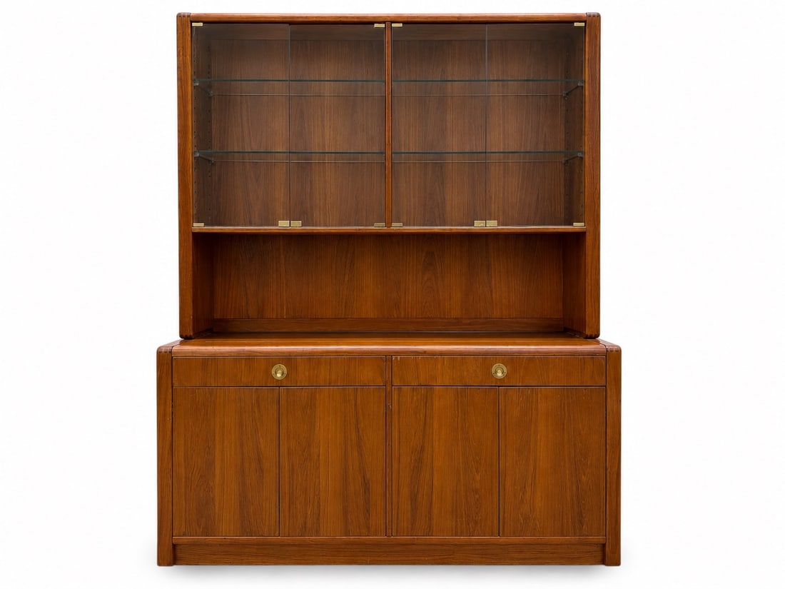 d-Scan Captain Line Teak 2-Piece Hutch: A d-Scan Captain Line Teak 2-Piece Sideboard & Display Cabinet with brass hardware and finger joints. Top two drawers are lined with green fabric. Glass & wooden shelves are adjustable.Marked 'd-Scan