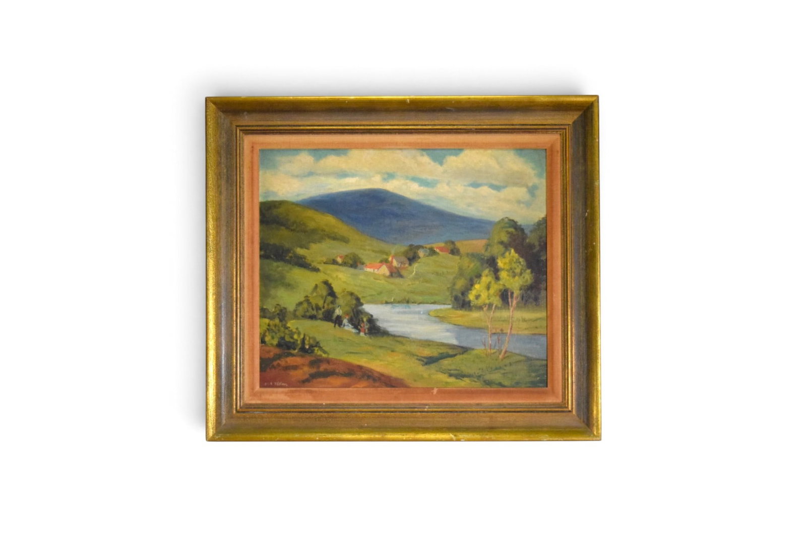 Nell Witters Oil on Canvas Panel Village Landscape: Nell Witters (American, 1882-1972). Oil on canvas panel, village in river landscape with figures. Signed lower left. Sight 19.5" x 23.5" Frame dimensions: H: 28" W: 31.75" D: 1.75"