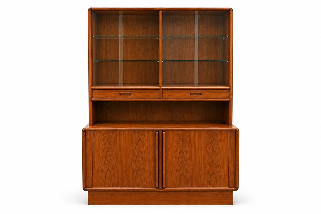 Kibaek Danish Modern 2 Part Sideboard: Kibaek Mobelfabrik Danish modern 2 part sideboard. Upper hutch section with interior lights, glass doors, interior glass shelves and 2 drawers below. Lower cabinet with tambour doors and interior