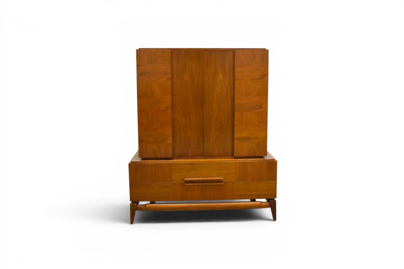 Vanleigh Tall Chest: Vanleigh tall chest. 2 folding doors with 6 interior drawers with glass inserts, 2 drawers below. Vanleigh New York label inside top drawer. Dimensions: H: 57.75" W: 48.25" D: 22.75"