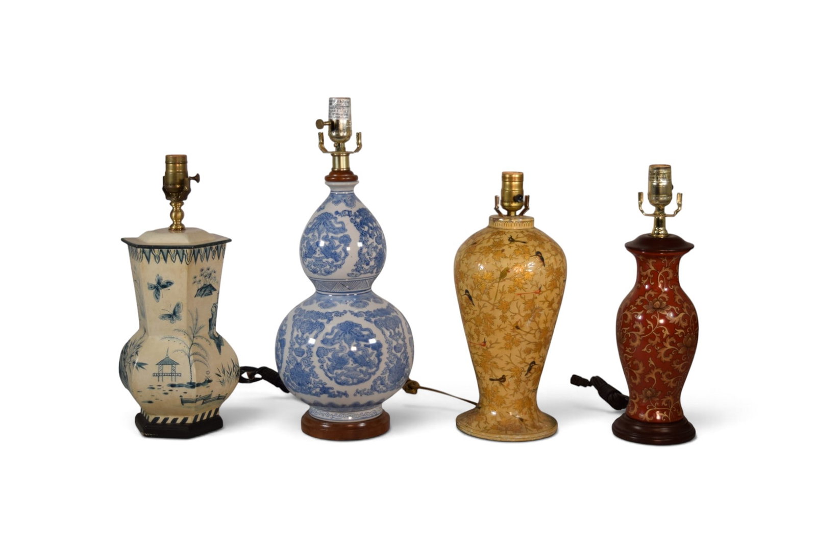 4 Chinoiserie Table Lamps Including Ralph Lauren: 4 Chinoiserie table lamps. Ralph Lauren blue and white double gourd porcelain lamp, blue and white composition lamp, red and gilt decorated porcelain lamp, yellow lacquer lamp with bird and tree motif
