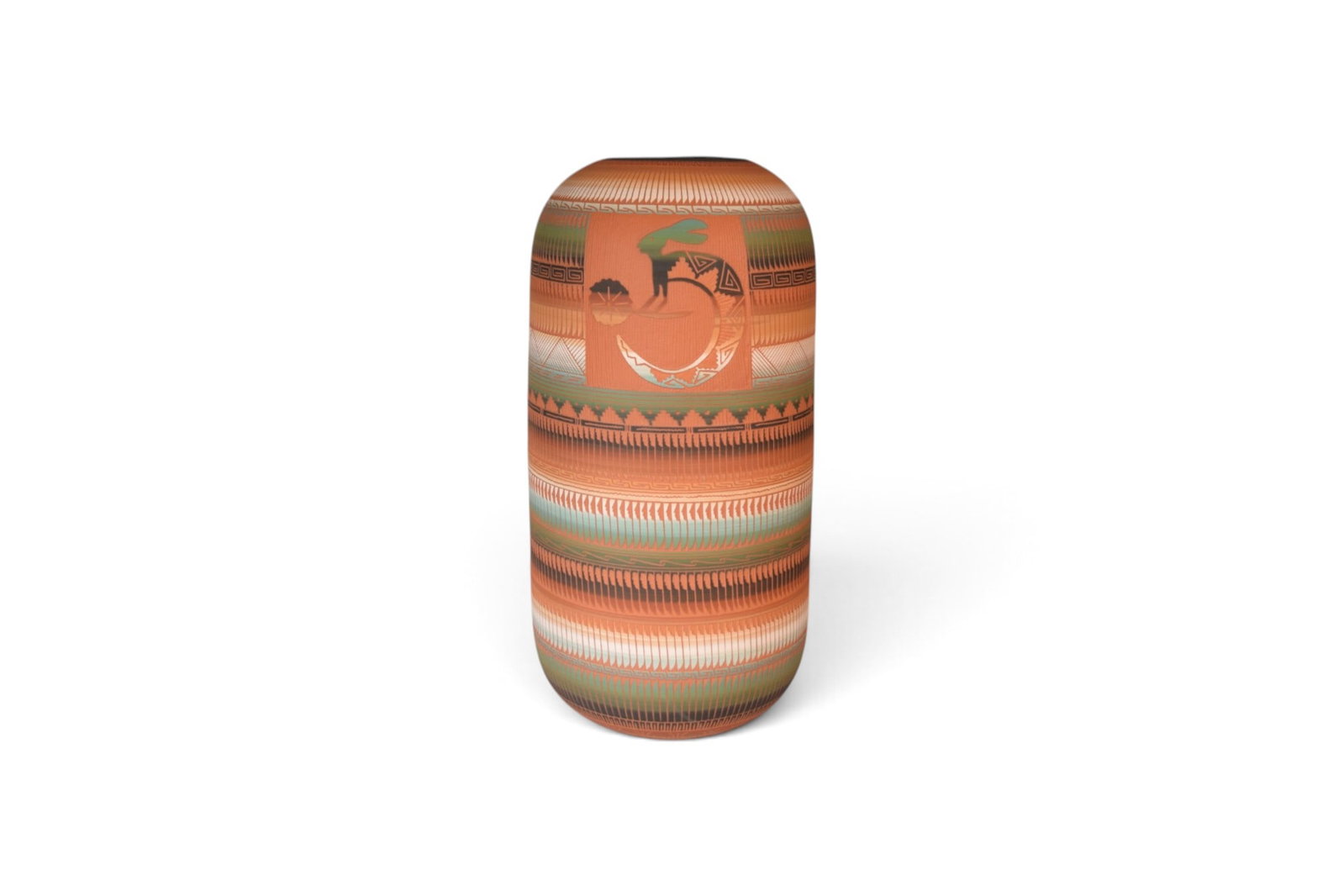 Dine Navajo Pottery Vase: Navajo pottery vase. Signed on the underside RE Dine 98 MS. Dimensions: H: 14.5" W: 7.75" D: 7.75"