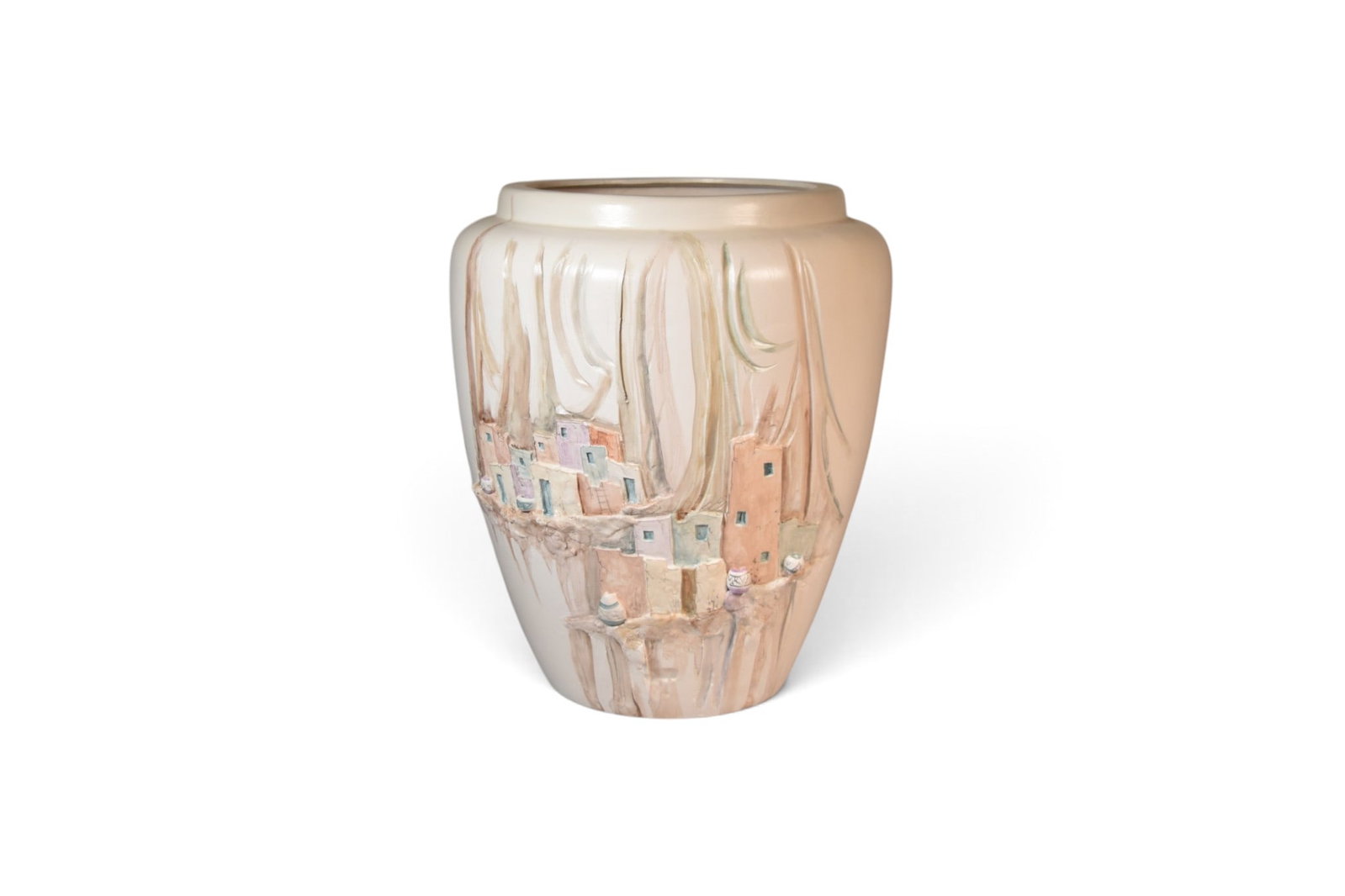 Janet Haefner & Chris Haefner Pottery Vase: Janet Haefner and Chris Haefner pottery vase with pueblo motif. Signed Janet Chris Haefner and dated 89 on one side. Dimensions: H: 17" W: 15.25" D: 15.25"