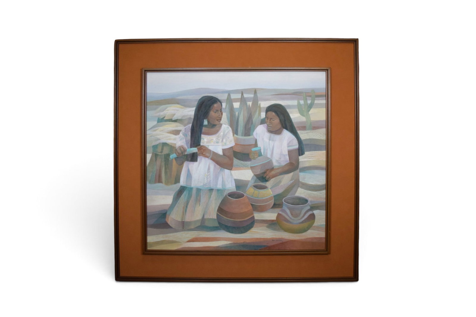 Mario Cespedes Oil on Canvas Women With Pottery: Mario Cespedes (Bolivian / American, 1942-2007). Oil on canvas, women with pottery. Signed and dated 82 lower right. Sight 35.5" x 35.5" Frame dimensions: H: 49.25" W: 49.25" D: 2.5"