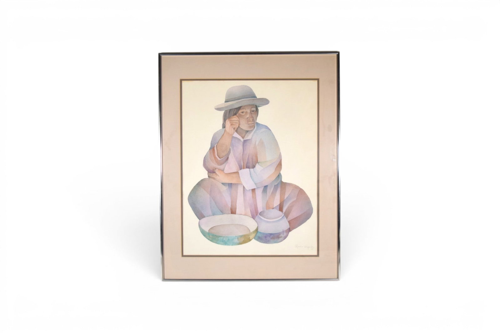 Mario Cespedes Watercolor Seated Figure: Mario Cespedes (Bolivian / American, 1942-2007). Watercolor, seated figure with pottery. Signed and dated 81 lower right. Sight 21.5" x 16.5" Frame dimensions: H: 28.75" W: 22.25" D: .75"