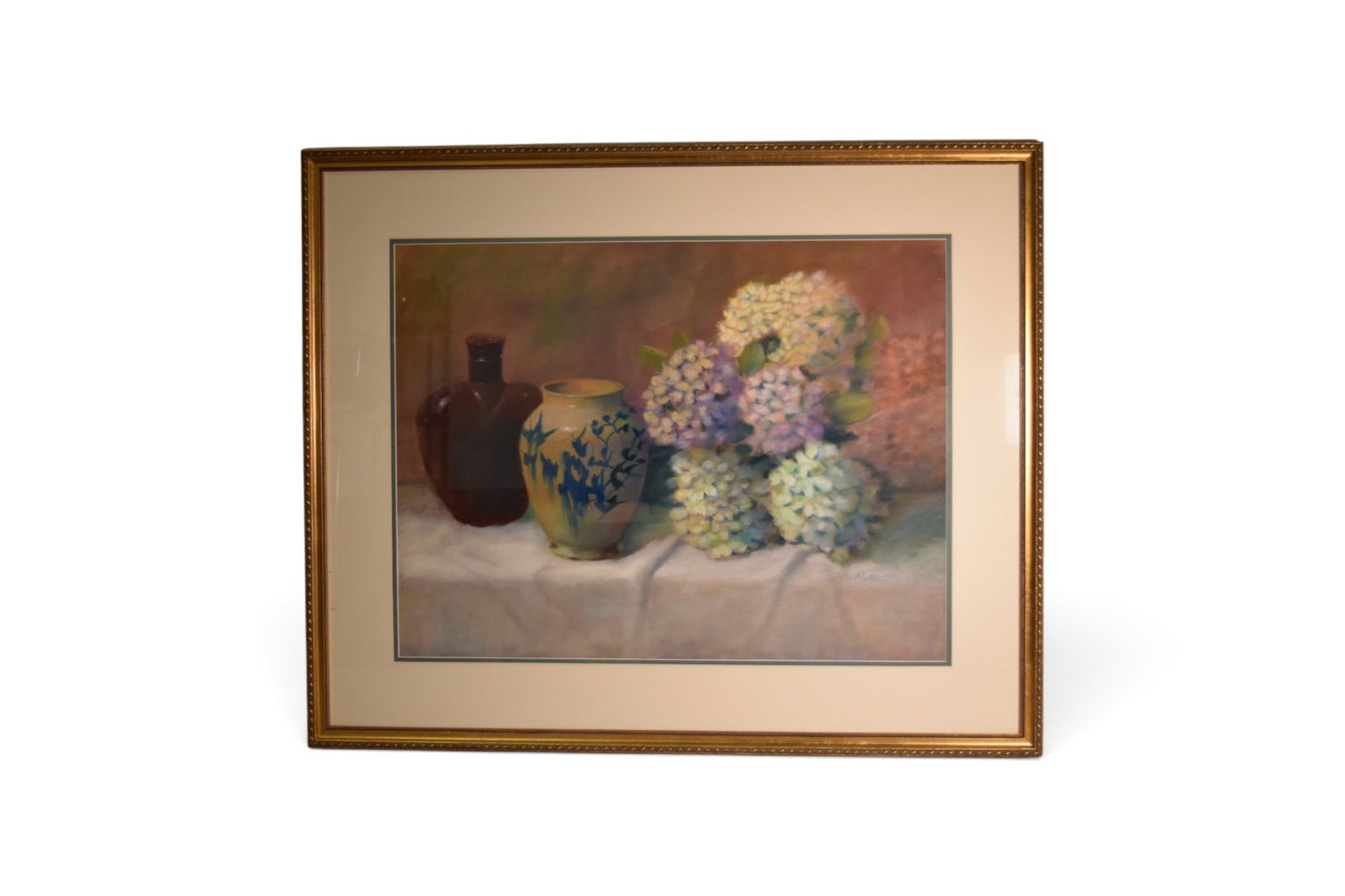 Nona Rutter Pastel Still Life: Nona Rutter pastel drawing, still life with flowers and vases. Signed lower right. Sight 18.75" x 24.75" Frame dimensions: H: 27.5" W: 33.5" D: .75"