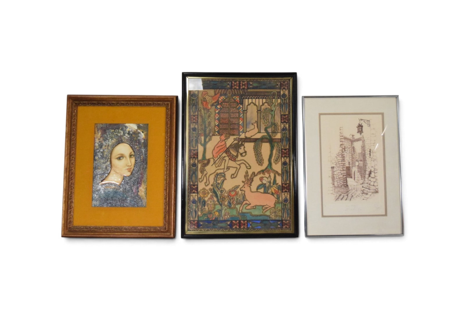 3 Piece Art Lot Perreard, Broden, Mestre: Michel Perreard etching, Eze Village, titled, signed and numbered 66/125 in pencil in the lower margin and with COA on verso. EF Broden medieval style mixed media drawing, signed lower right. J. Mestr