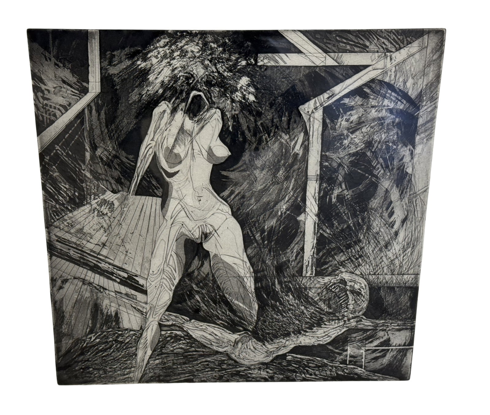 Signed Black & White Pencil Sketch: Illegibly signed on the lower right, black and white sketch. State 4 written on lower left corner and title " Eighteenth Night Reminiscer IV" written in center Dimensions: H:22.5" W:22.5" D:1"