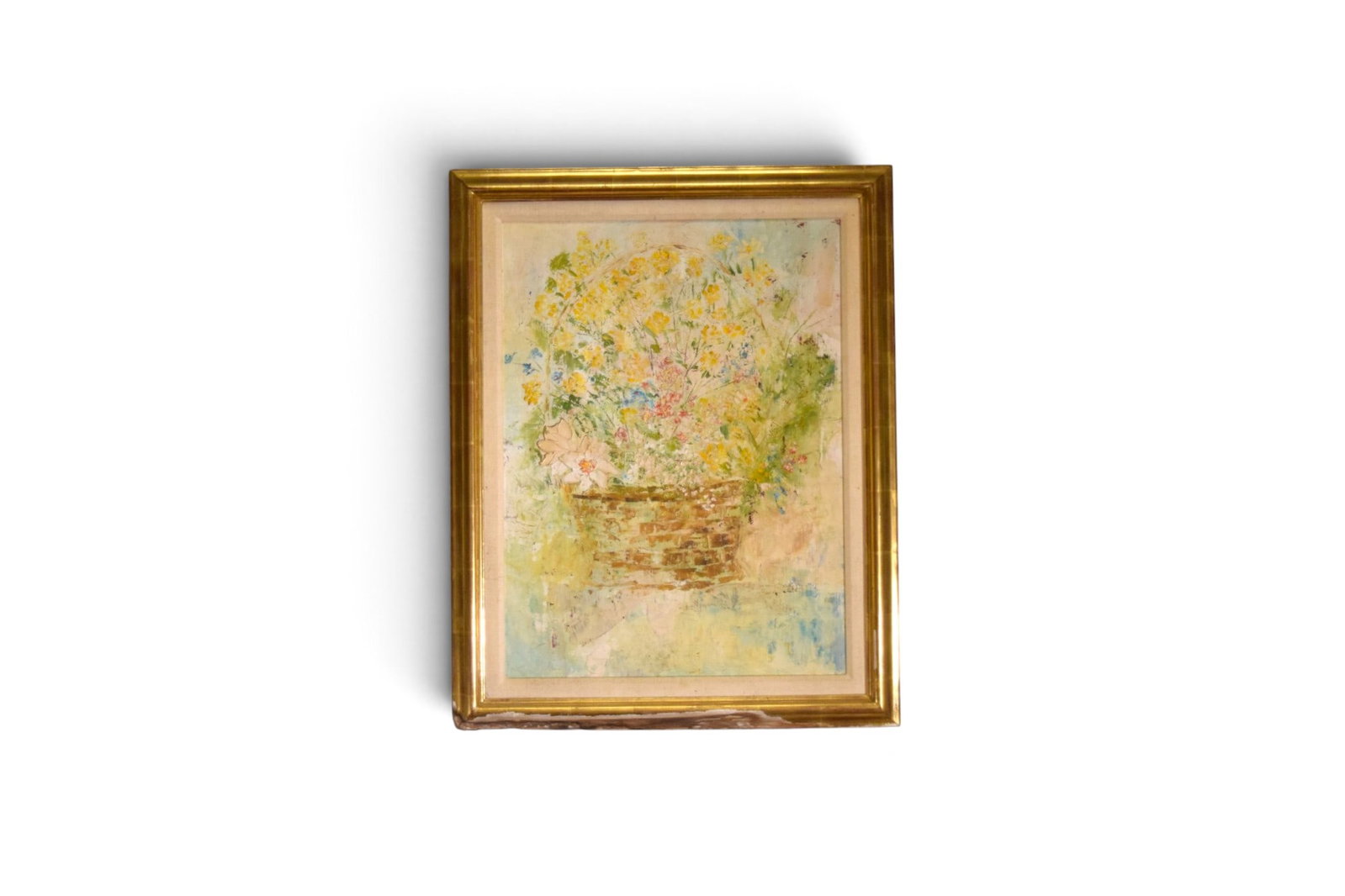 Impressionist Style Oil on Canvas Panel Flowers: Impressionist style oil on canvas, basket of flowers. Unsigned. Sight 23.5" x 17.5" Frame dimensions: H: 28.5" W: 22.75" D: 1.5"