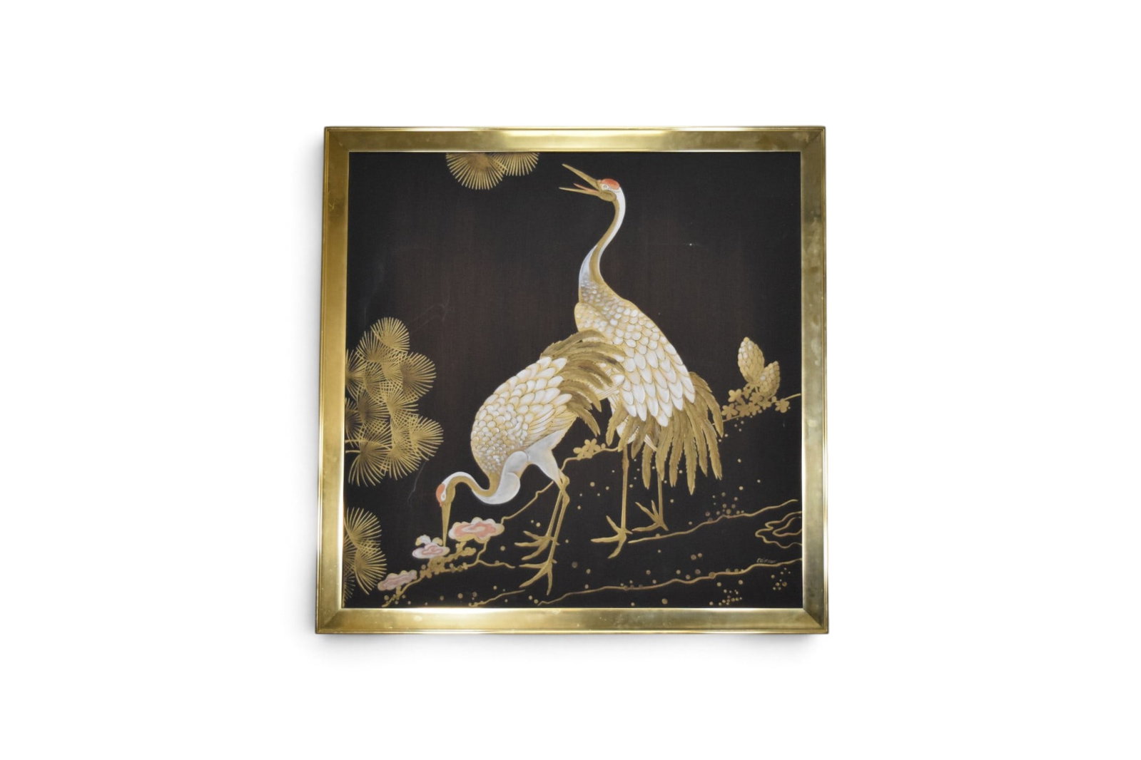 Signed Clifton Oil on Canvas Cranes: Chinoiserie oil on canvas, 2 cranes. Signed Clifton lower right. Sight 35.5" x 35.5" Frame dimensions: H: 39.5" W: 39.5" D: 1"