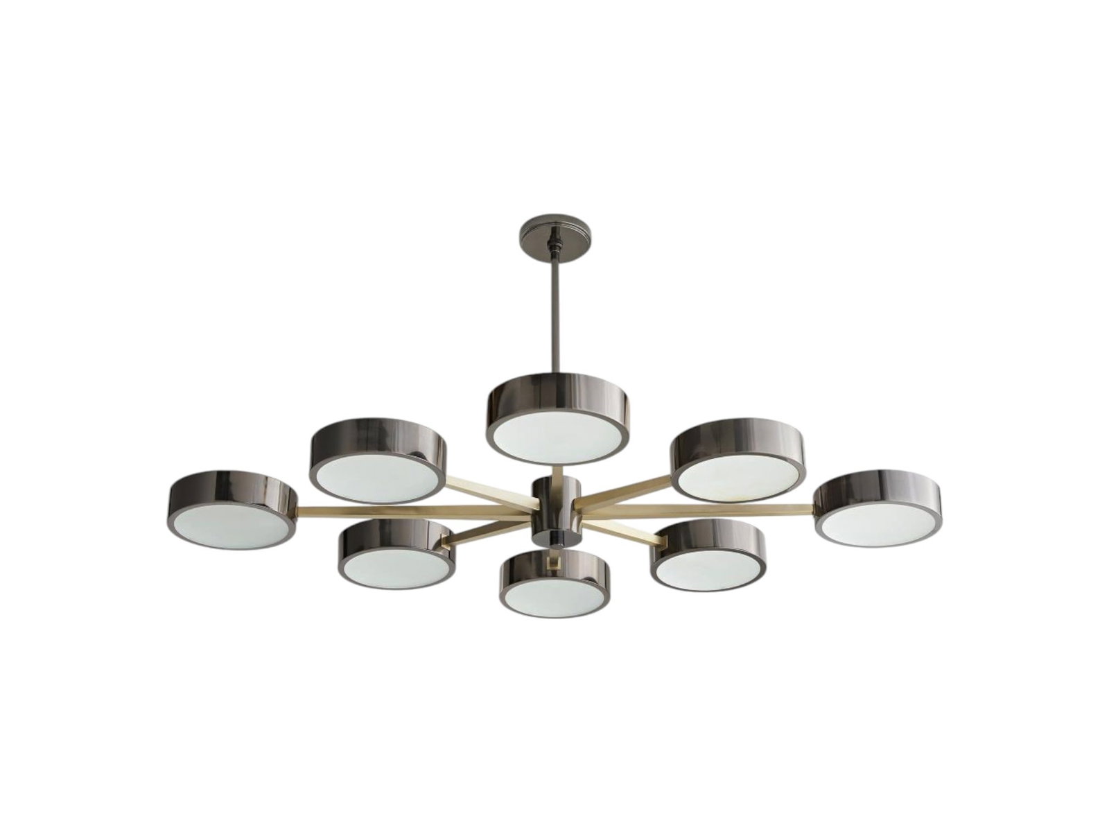 Arteriors Linus Starburst Chandelier: An Arteriors Linus Starburst Chandelier. Muted pale brass finish & polished black nickel details. Dimensions: H:7" W:52" D:36"