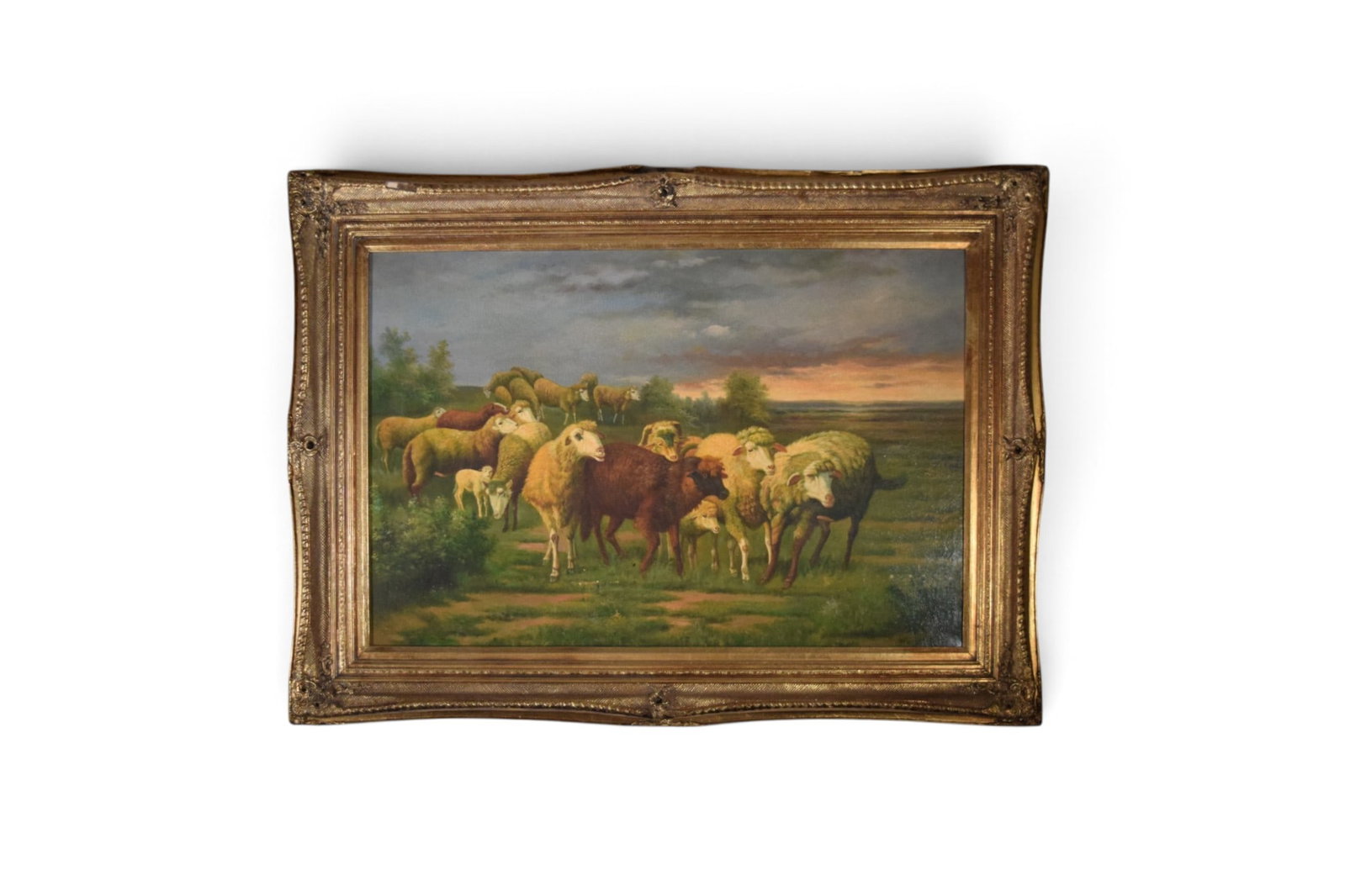 Oil on Canvas Pastoral Scene: Oil on canvas, pastoral scene with sheep. Unsigned. Sight 23.25" x 35" Frame dimensions: H: 33" W: 44.75" D: 3.25"