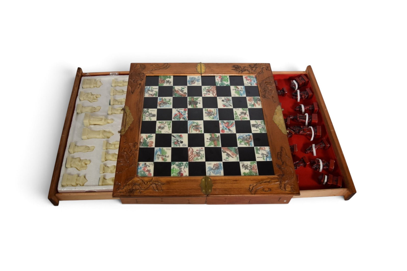 Chinese Style Chess Set: Chinese style chess set, with board and 2 drawers with resin pieces. Board dimensions (open): H: 18" W: 18" D: 2.75"