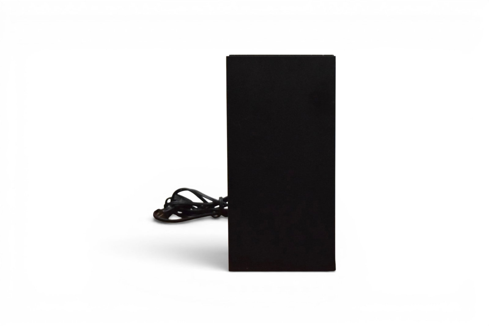 Black Metal Cube Table Lamp: Black metal cube table lamp. Unmarked. Dimensions: H: 10" W: 5" D: 5"