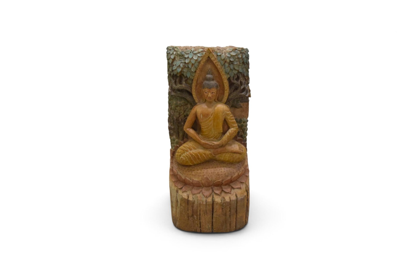 Seated Buddha Wood Carving: Polychrome wood carved seated Buddha. Dimensions: H: 36.25" W: 16.25" D: 7.25"