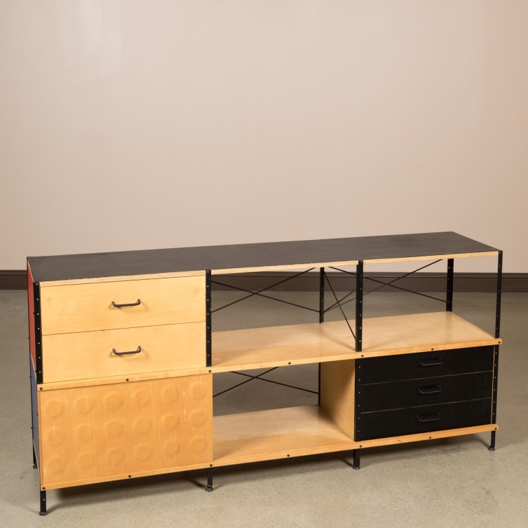 Modernica California Industrial Credenza: Multi colored, industrial style credenza. Maker: Modernica California Age: 20th Century Dimensions: 32.5" x 70" x 16" All furniture dimensions are Height x Width x Depth