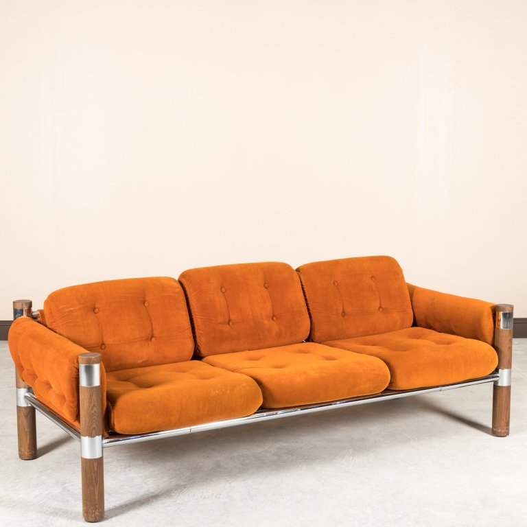 Chrome and Walnut Velvet Sofa (1 of 4)