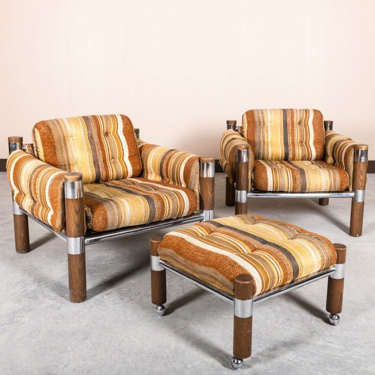 Pair Chrome and Walnut Upholstered Chair & Ottoman (1 of 6)