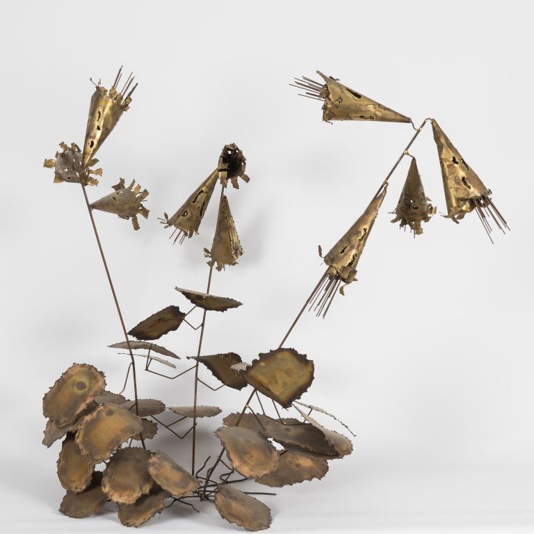 William Friedle Floral Table Sculpture - Signed: William Friedle copper table sculpture. Signed on leaf. Maker: William Friedle Age: Mid 20th Century Dimensions: 28" x 24" All furniture dimensions are Height x Width x Depth