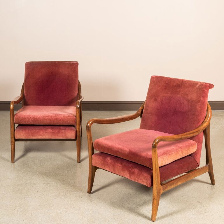 Pair Sculpted Arm Walnut Lounge Chairs (1 of 5)