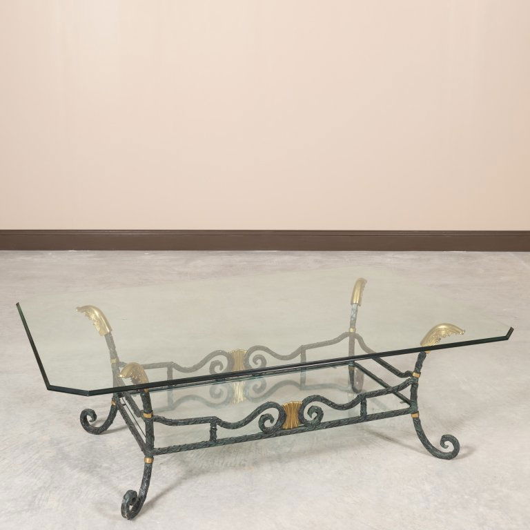 Karges Iron, Brass and Glass Coffee Table: Karges Iron, Brass and Glass Coffee Table Maker: Karges Age: 20th Century Dimensions: 17" x 54" x 36" All furniture dimensions are Height x Width x Depth