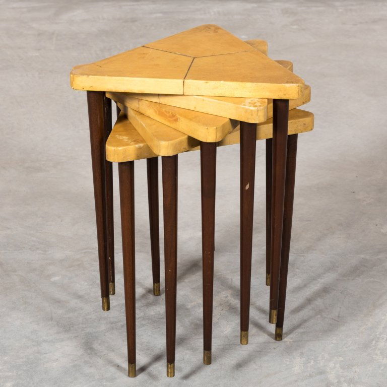 Triangular Nest of Table by Muebles Tollan: Triangular Nest of Five Tables Maker: Muebles Tollan - Mexico Age: Mid 20th Century Dimensions: Nest - 19.5" x 16" x 16" All furniture dimensions are Height x Width x Depth