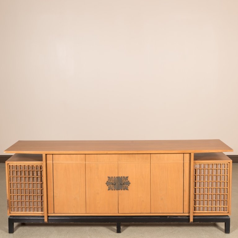 Chinese Modern Credenza with Rattan Doors: Chinese modern credenza with rattan doors. Maker: Unknown Age: Mid 20th Century Dimensions: 32" x 84" x 20" All furniture dimensions are Height x Width x Depth