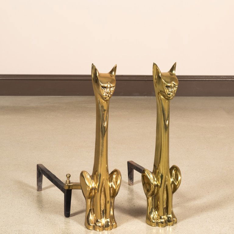 Pair Modernist Brass Cat Andirons (1 of 3)