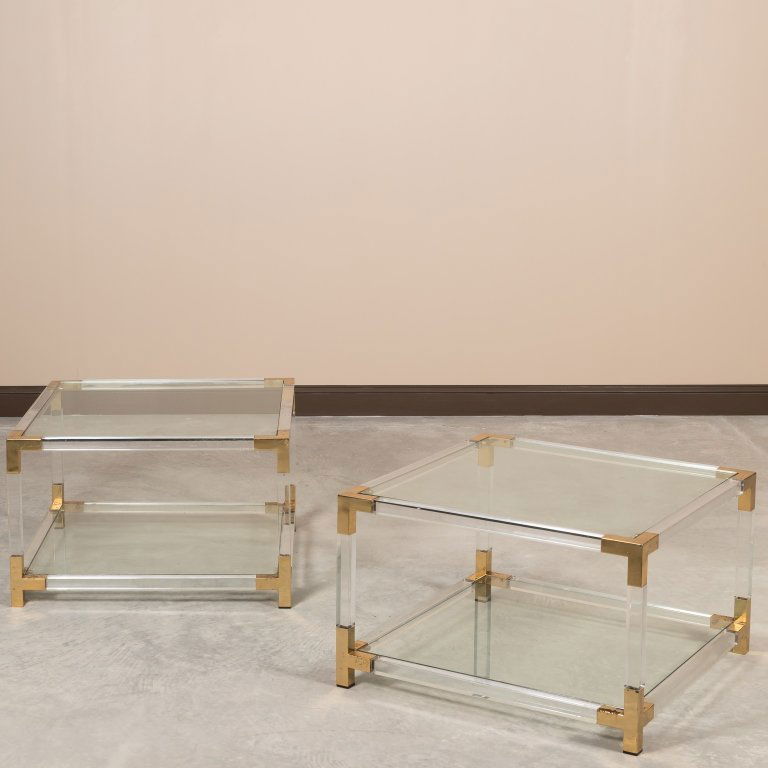 Pair Charles Hollis-Style Lucite and Brass Tables (1 of 3)