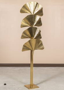 Tommaso Barbi Brass Ginko Floor Lamp: Brass Ginko Leaf Floor Lamp by Tommaso Barbi. Maker: Tommaso Barbi Age: Mid 20th Century Dimensions: 90" x 26" x 12" All furniture dimensions are Height x Width x Depth