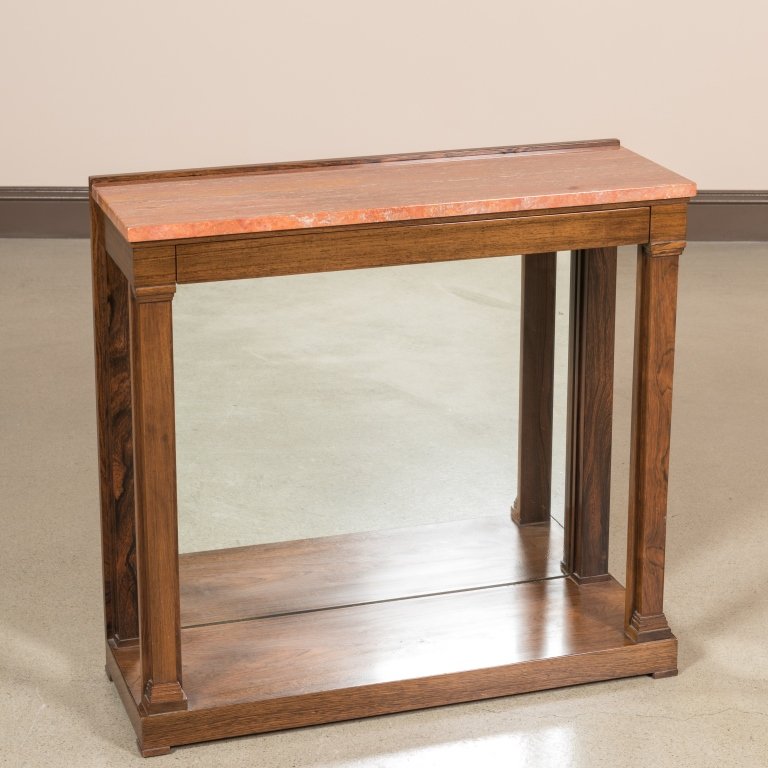 Dunbar Rosewood Marble Top Pier Table: Dunbar rosewood marble top pier table with rouge marble. Maker: Dunbar Age: Mid 20th Century Dimensions: 29" x 31" x 10.5" All furniture dimensions are Height x Width x Depth