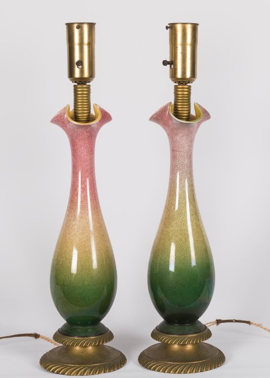 Pair Mid Century Brass and Pottery Table Lamps (1 of 3)