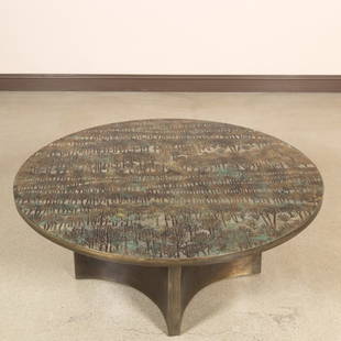 Philip and Kelvin LaVerne Eternal Forest Table: Philip and Kelvin LaVerne "Eternal Forest" Coffee Table. Maker: Philip and Kelvin LaVerne Age: Mid 20th Century Dimensions: 17" x 42" All furniture dimensions are Height x Width x Depth