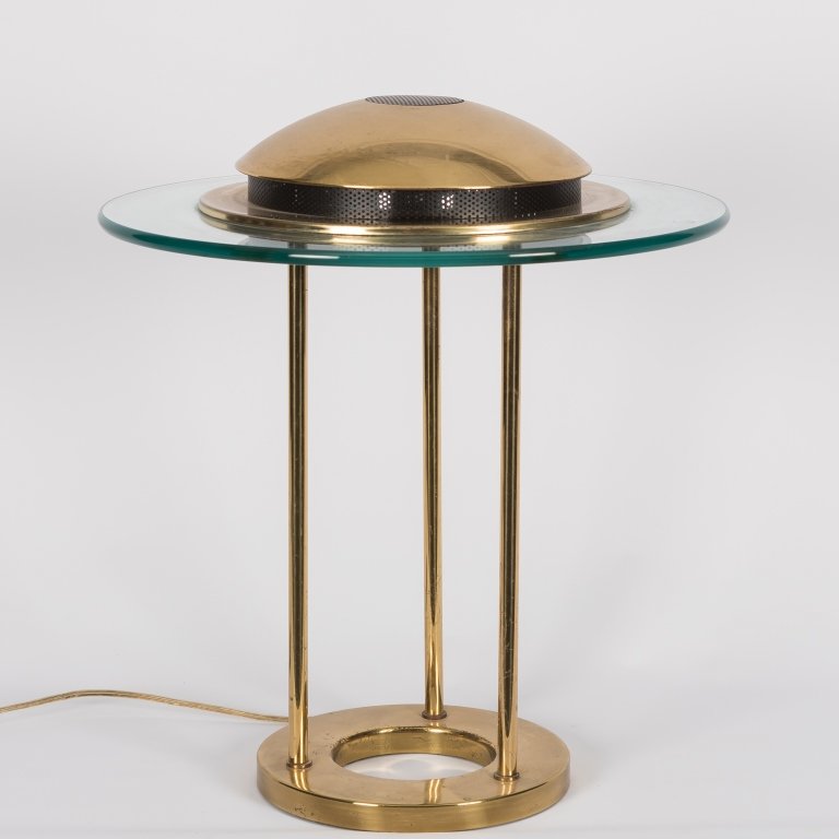 Sonneman - Kovacs Saturn Brass and Glass Desk Lamp: Robert Sonneman and George Kovacs brass and glass "Saturn" lamp. Maker: Sonneman - Kovacs Age: Mid 20th Century Dimensions: 16" x 16" All furniture dimensions are Height x Width x Depth
