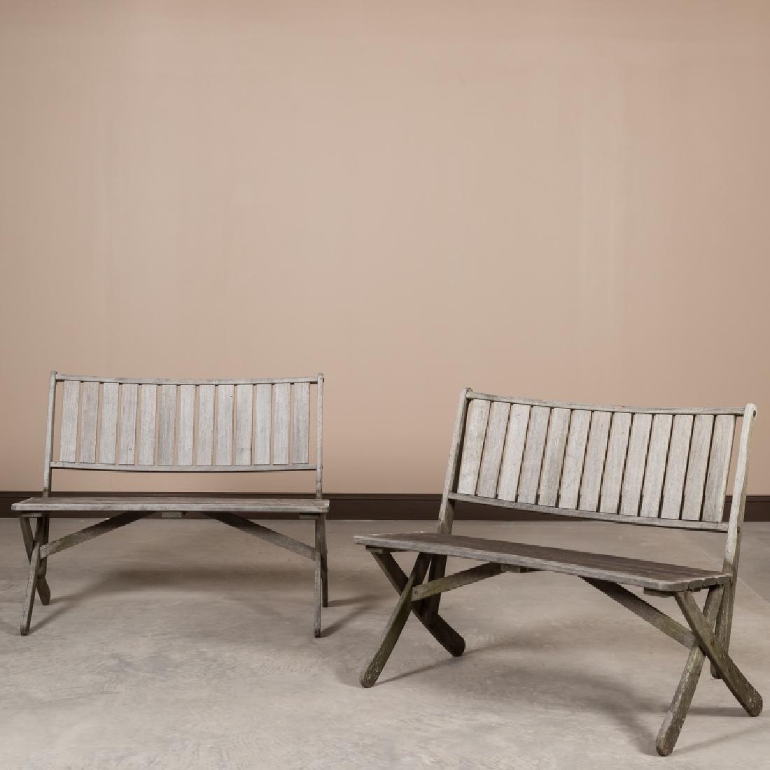 Pair Weathered Teak Garden Benches (1 of 3)