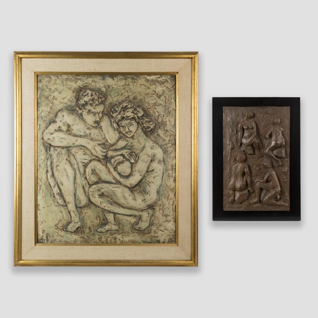 Two Composition Relief Plaques - One Signed (1 of 3)