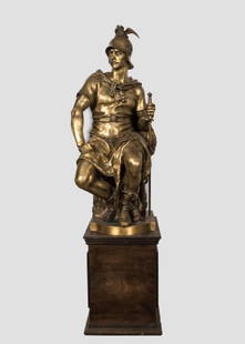 Large Bronze Seated Roman Figure on Base: Description: Large bronze seated Roman warrior figure on wooden base. Dimensions: Figure - 52" x 23" x 21". Base - 24" x 18" x 22"