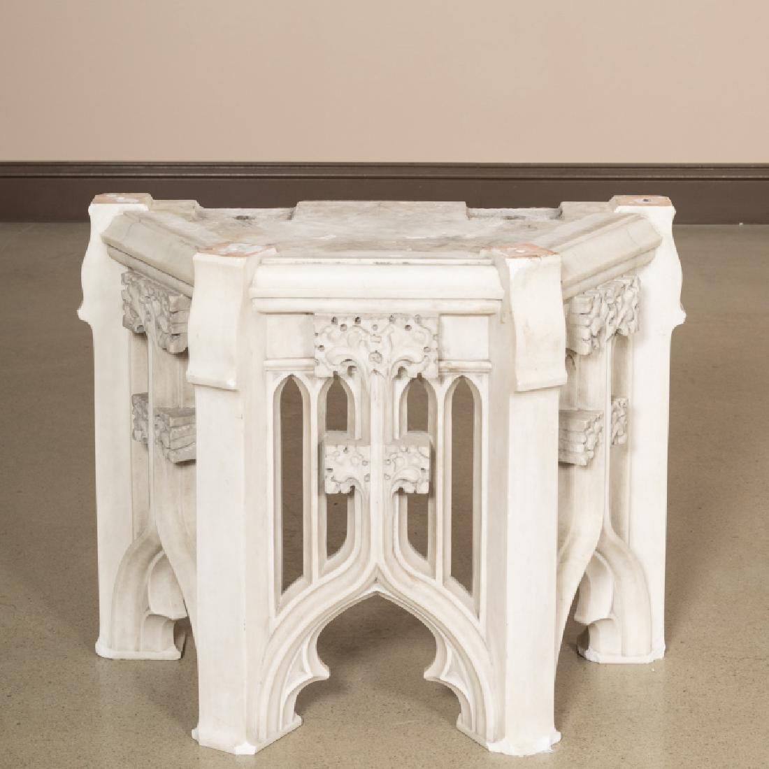 Gothic Marble Pedestal: Description: Gothic marble pedestal. Dimensions: 22" x 27" x 14"