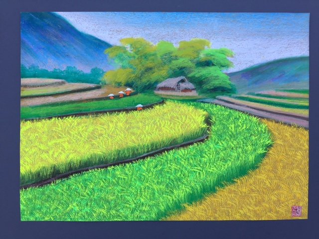 Painting #1-To Ngoc -Vietnamese Artist: Gouach color on paper.Size 20 inch X 28 inch by To Ngoc :Biography: Born 1952 in Ninh Binh province , Vietnam Gender Male Education 1980 Graduated from Hanoi industrial Arts College Artist Media Oil p