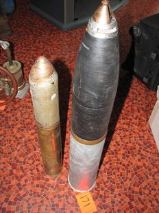 Two antique artilery shells - 30" shell with nose: Two antique artilery shells - 30" shell with nose dials, 23" brass shell