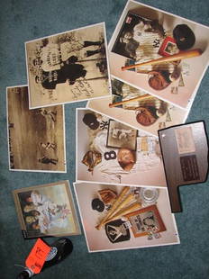 Mickey Mantel button and jean tag from Mantles hom: Mickey Mantel button and jean tag from Mantles home town, National Baseball HOF 1995 year book, Four Yankee vintage photo reproductions, Babe ruth & lou Gerig photo, Ruth home run photo and Coors