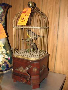 930: Antique mechanical bird in cage - windup 2 birds c