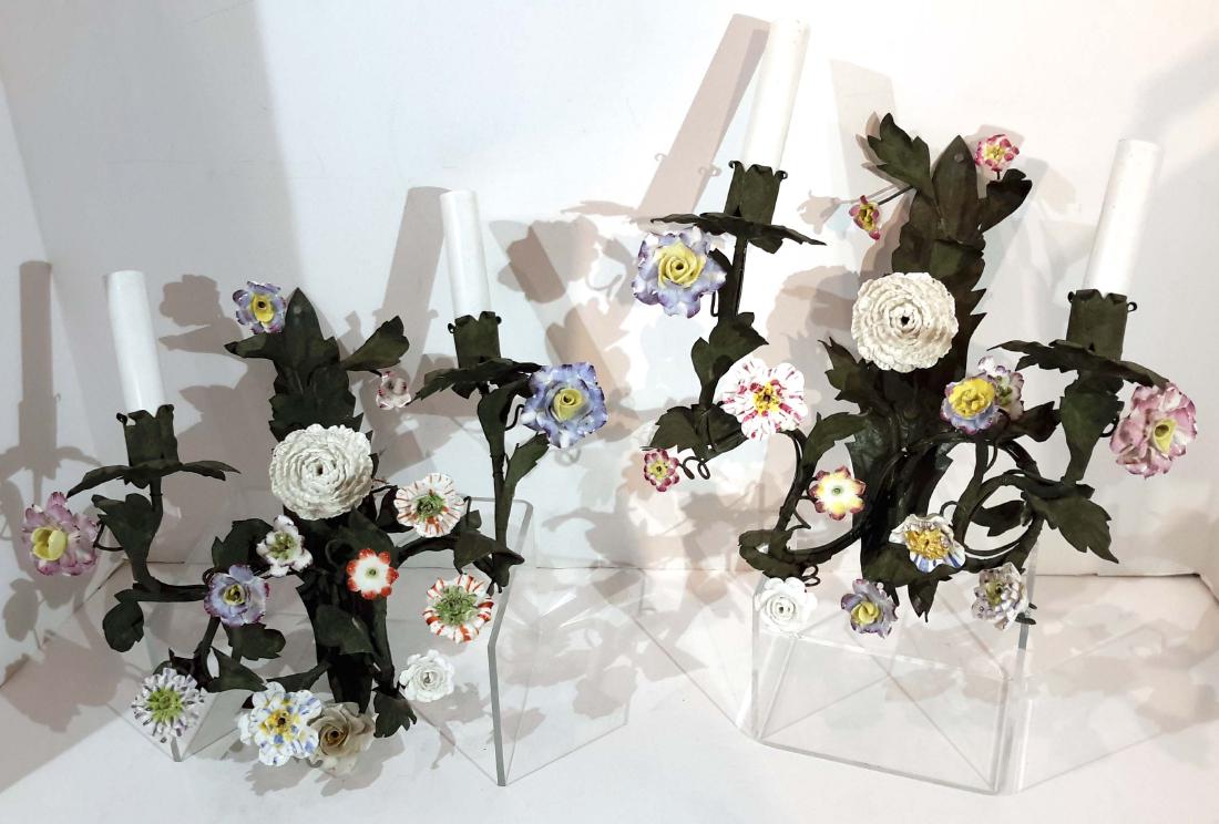 Pair of Tole Sconces with Porcelain Flowers, circa 1900 (1 of 10)