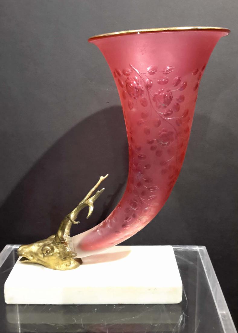 Broze mounted Etched Cranberry Glass Horn Vase 19C. (1 of 8)