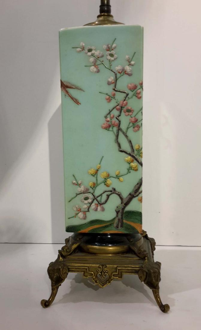 Baccarat Japonisme Bronze mounted Opaline Lamp 19C.: Raised enamel decoration. Bronze Elephant base.DIMENSIONS 26.50 in.Hx6 in.Wx6 in.D 67 cmHx15 cmWx15 cmD